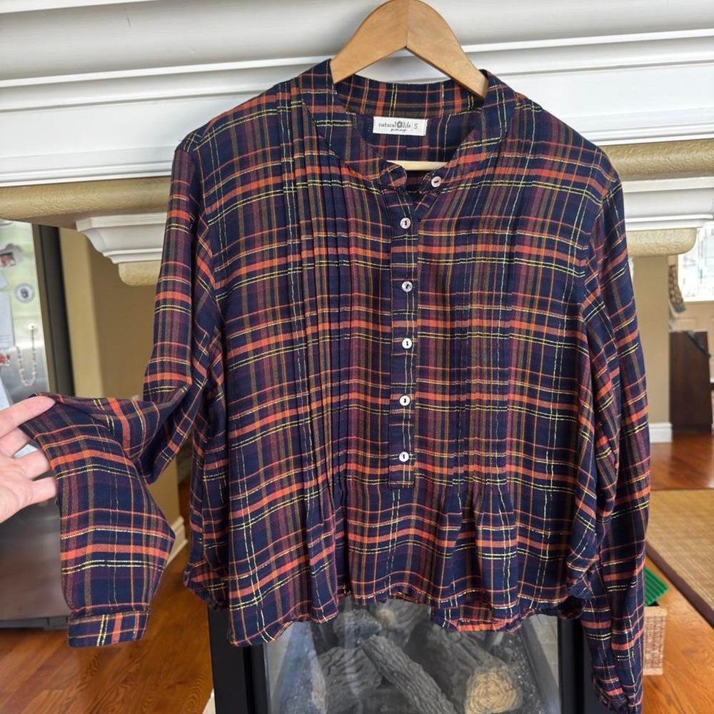 Natural Life Plaid Pleated Henley Blouse